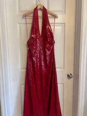 Bardot Red Sequin Strapless Halter Gown